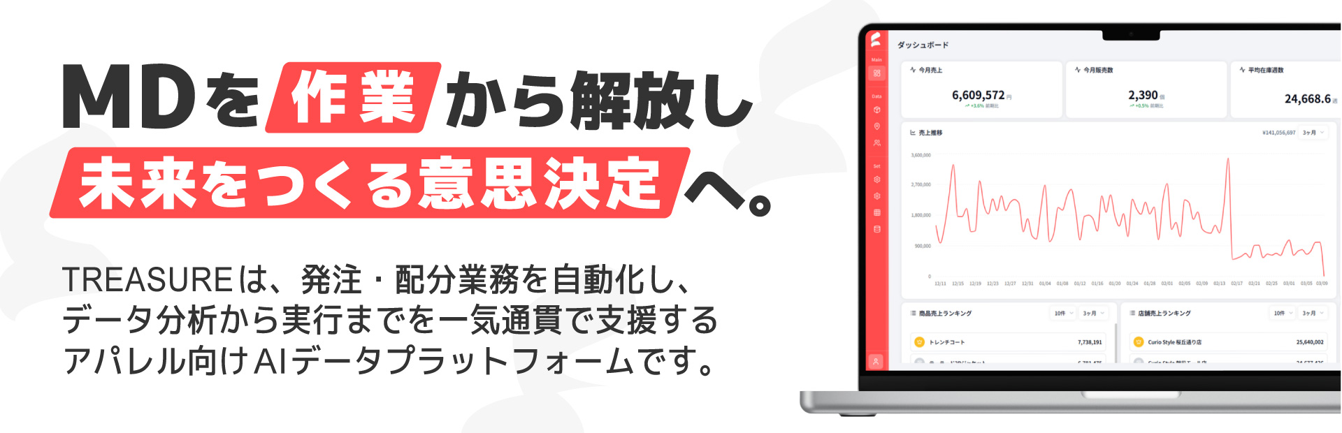 トレジャーは、発注・配分業務を自動化し、
データ分析から実行までを一気通貫で支援する
アパレル向けAIデータプラットフォームです。